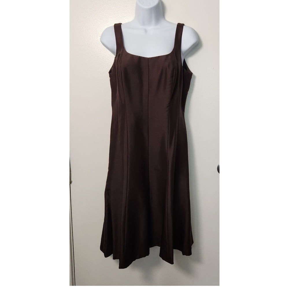 Talbots 100% Shantung Silk Brown Sleeveless‎ Dress Flare Skirt Midi 8 NWT Lined